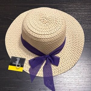 Chic Tan Straw Hat with Purple Ribbon